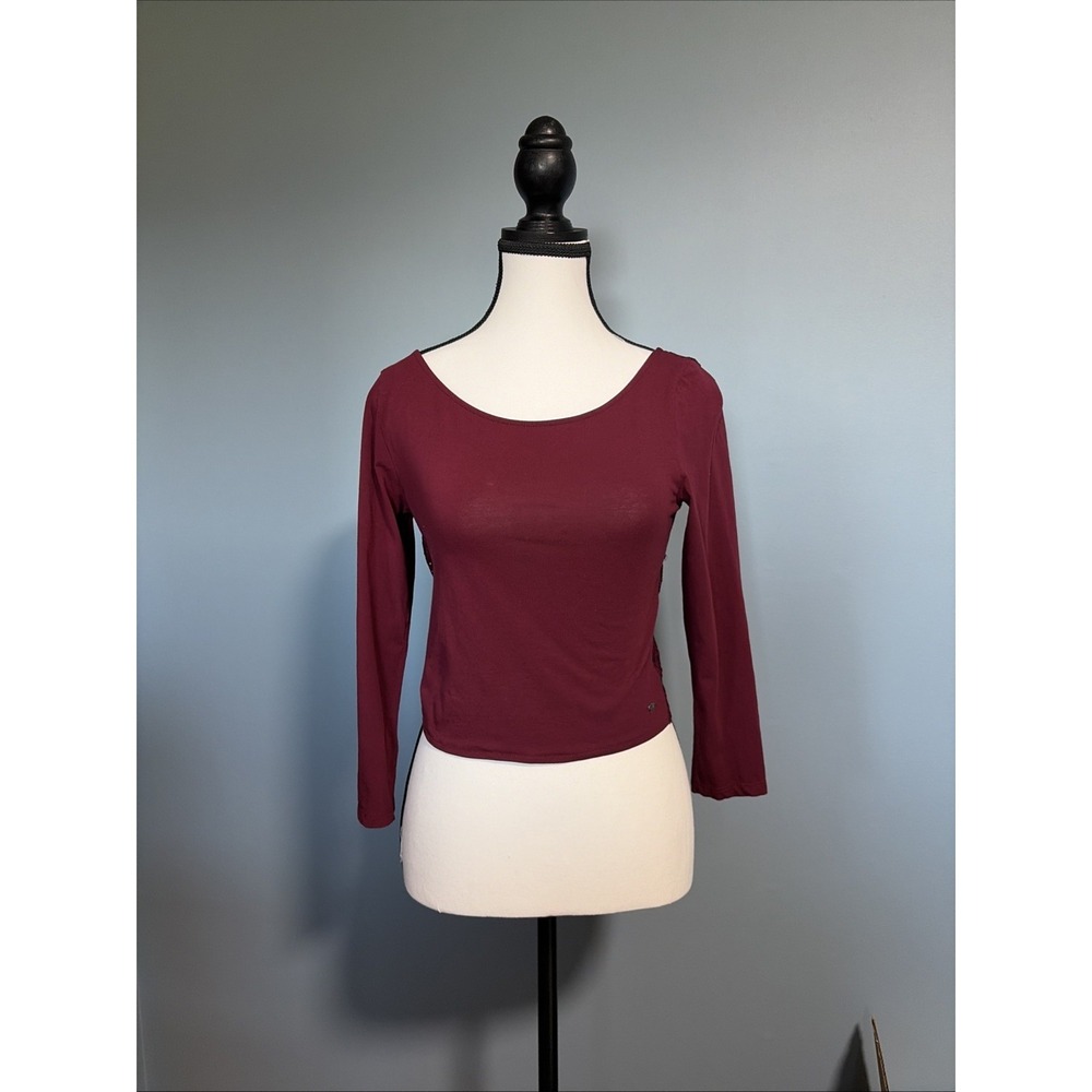 American Eagle Women Burgundy Crisscross Lace Back Crop Top Long Sleeve Size M